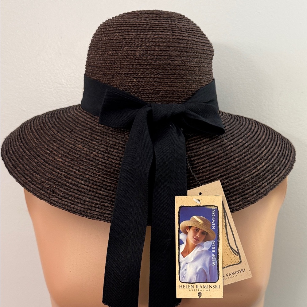 Helen Kaminski Brown Straw Wide-Brim Hat with Black Bow